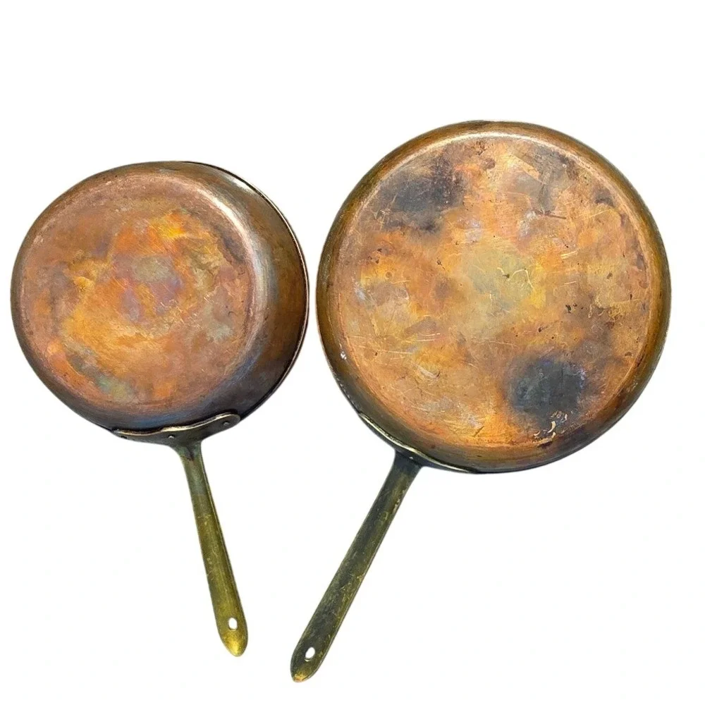 Vintage Made in Portugal Copper Skillet Set 2pc Brass Handles Tin Lined 10in 7in
